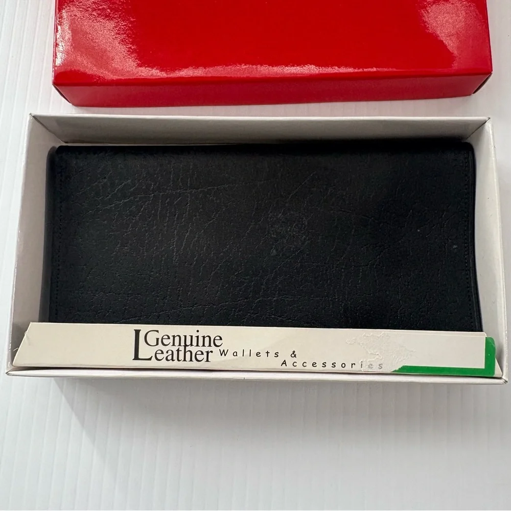 NWT Vintage Genuine Leather Black Check Book Wallet in Box Wallet Only
